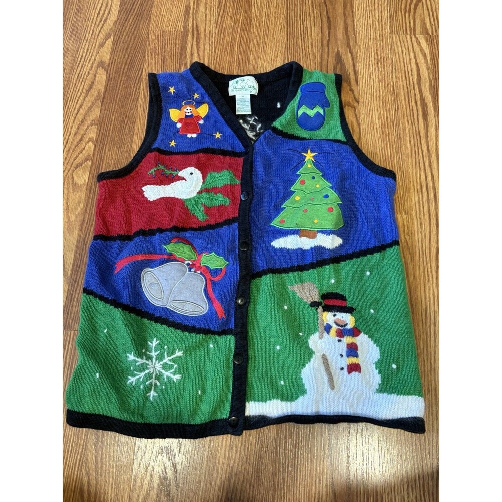 Quacker Factory Christmas Sweater Vest Multi Color Size Medium Button Up VTG